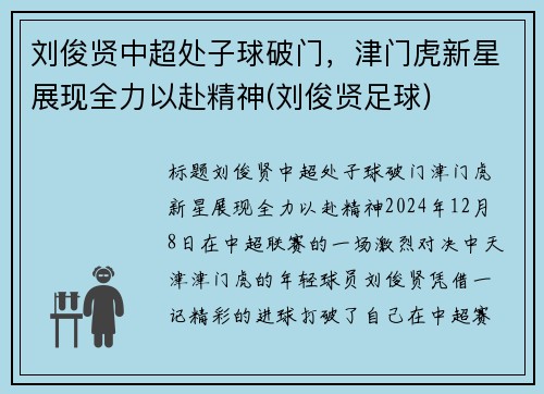 刘俊贤中超处子球破门，津门虎新星展现全力以赴精神(刘俊贤足球)